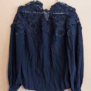 Oscar de la Renta Navy Floral Lace Blouse